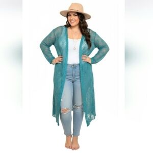 Women's Turquoise Open-Front Lace Sweater